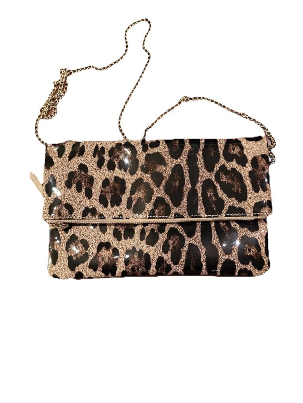 Vinyl Leopard Print Clutch with Gold Crossbody Chain Perfect With Jeans & Heels